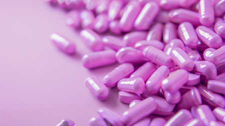 A collection of purple pills is neatly stacked on top of a wooden table, creating a striking visual of pharmaceutical products. Each pill sits motionless, waiting to be used for medical purposes.の素材