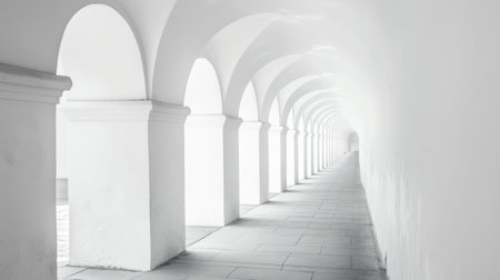 A monochromatic image showcasing a lengthy hallway stretching into the distance, its walls lined with assorted doors. The perspective conveys a sense of depth and infinity within the confined space.の素材