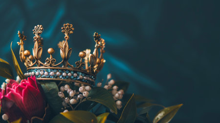 A crown, symbolizing royalty and authority, delicately placed atop a colorful bouquet of fresh flowers. The crowns intricate design contrasts with the natural beauty of the flowers, creating a captivating visual contrast.の素材