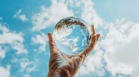 A person is holding a crystal ball in their hand, looking at it with curiosity and concentration. The crystal ball reflects light in different patterns, creating an intriguing visual effect.の素材