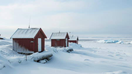 A collection of red buildings contrast against the white snow-covered ground. The structures appear to be grouped closely together, creating a stark visual impact against the wintry landscape.の素材