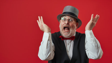 An elderly man with white hair, wearing a classic top hat and round glasses, standing outdoors. He looks dignified and distinguished in his attire.の素材