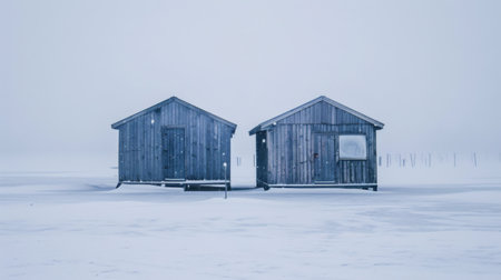 Two small wooden buildings sit in a snowy landscape, surrounded by a blanket of white. The structures appear weathered and quaint against the cold backdrop, evoking a sense of isolation and simplicity in the winter setting.の素材