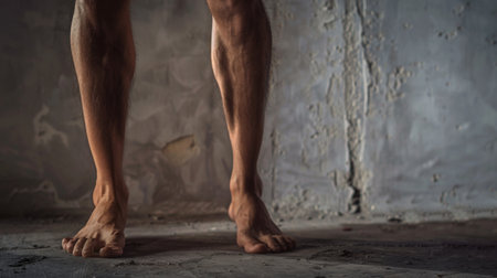 A close-up view of a persons legs in motion, capturing the movement and anatomy of the lower body as they walk.の素材