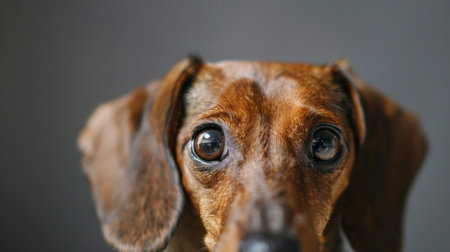 A brown dachshund is sitting and looking directly at the camera. The dogs ears are perked up as it seems curious and attentive. Its shiny coat reflects the light, giving it a sleek appearance.の素材