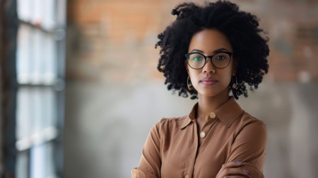 A woman wearing glasses is standing in front of a window, looking out. She appears to be deep in thought, with a contemplative expression on her face.の素材