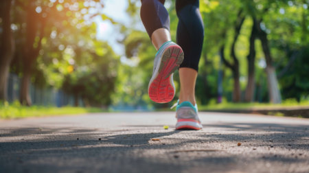 A close up of a person in motion, running along a road. The individual is in focus, displaying determination and athleticism as they move forward swiftly on the asphalt.の素材