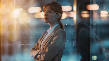 A woman is standing in front of a clear glass wall, looking outwards. Her posture is confident and she appears deep in thought. The glass reflects the surrounding indoor environment, creating a sense of transparency and modernity.の素材