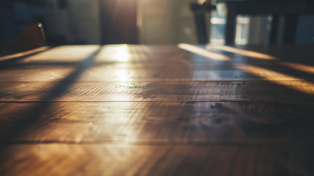 A wooden table is illuminated by the bright sun, creating a warm and inviting atmosphere. The sun rays highlight the texture and grains of the wood, casting shadows on its surface.の素材