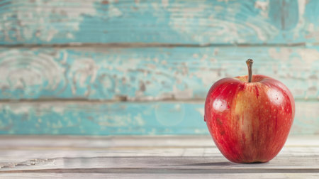 A ripe red apple rests on top of a rustic wooden table, showcasing its vibrant color against the natural grain of the wood.の素材
