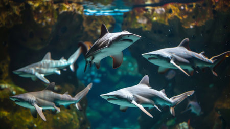 A group of sharks, varying in size and species, gracefully swim around the aquarium, showcasing their powerful bodies and sharp teeth. The sharks move swiftly through the water, their streamlined forms cutting through the crystal-clear tank as they glide effortlessly.の素材