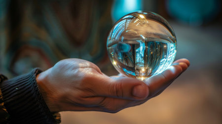 A person is holding a crystal ball in their hand, examining it closely. The crystal ball reflects light, creating a mystical and intriguing atmosphere.の素材