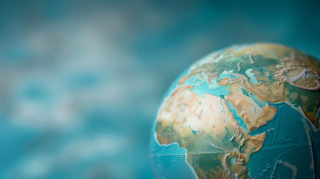 This close-up view captures a detailed blue and gold globe, showcasing the intricate patterns and colors of the Earth. The deep blues and shimmering golds contrast beautifully, highlighting the globes geographical features.の素材