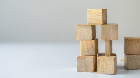 A stack of wooden blocks is lined up neatly on top of each other, creating a simple and sturdy structure. The blocks vary in size and color, showcasing the natural beauty of the wood grains.の素材