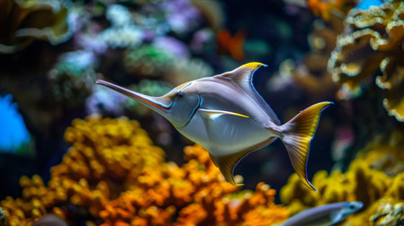 Two fish are swimming gracefully in water, their scales glimmering under the sunlight as they move effortlessly through the aquatic environment.の素材