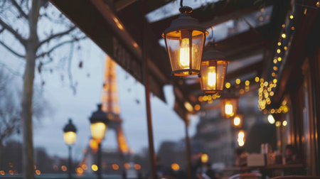 A cluster of lights suspended from the exterior of a building, creating a bright and luminous display against the dark facade. These lights illuminate the surrounding area, adding a touch of ambiance to the urban setting.の素材