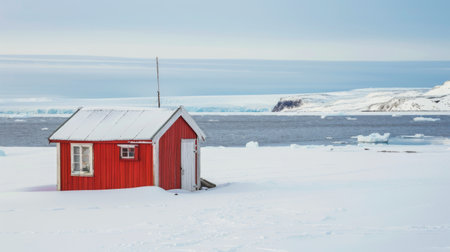 A small red house stands out in a vast snowy field, surrounded by a blanket of white snow. The stark contrast between the bright red house and the white snow creates a striking visual image set against a clear blue sky.の素材