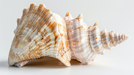 A detailed close-up view of a sea shell, showcasing its intricate patterns and textures, set against a clean white background. The shell is the focal point, highlighting its unique characteristics and beauty.の素材