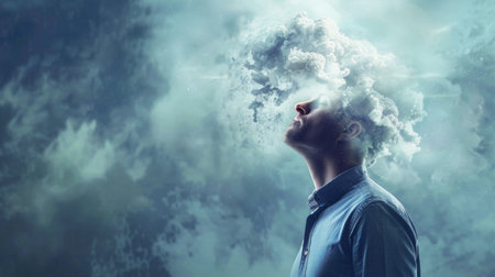 A man stands facing a billowing cloud of smoke, his silhouette stark against the haze. The smoke appears thick and opaque, enveloping the scene in a mysterious atmosphere.の素材