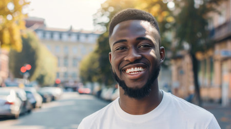 A man is standing in front of a row of parked cars in a parking lot. He appears to be looking at something off in the distance, with a blank expression on his face.の素材