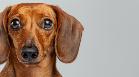 A brown dachshund dog with a long body and short legs is looking directly at the camera, its ears perked up. The dogs expressive eyes and cute face are the focal points of the close-up shot.の素材