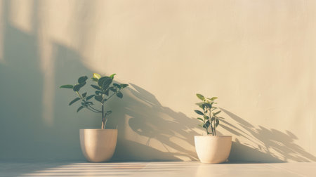 A couple of potted plants rest on top of a wooden table, bringing a touch of nature indoors. The green foliage contrasts with the table, adding a pop of color to the room.の素材