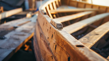 A wooden boat is securely parked on a wooden dock. The boat is stationary, resting on the docks sturdy planks.の素材