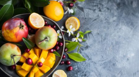 A plate filled with a colorful assortment of fresh fruit, including vibrant oranges, crisp apples, and tart cranberries. The oranges are segmented, the apples sliced, and the cranberries scattered throughout the display.の素材