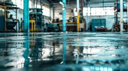 A wet floor in a factory setting with a large machine visible in the background. The shiny surface reflects the overhead lights, indicating recent cleaning or a spill. The machine, partially obscured by the foreground, appears to be in operation.の素材