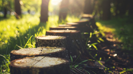 A straight row of tall trees standing in a grassy field under a clear blue sky. The trees have green leaves and brown trunks, creating a stark contrast against the grassy landscape.の素材