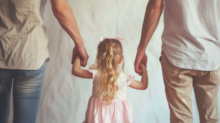 A man and a little girl are holding hands, walking together, showing a bond of trust and care. The mans protective posture and the girls innocent smile convey a sense of connection and guidance.の素材