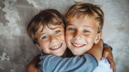 Two boys, likely friends or siblings, are embracing each other with their arms wrapped around each other. The boys appear to be sharing a heartfelt moment of connection and affection.の素材