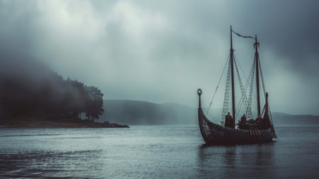 A boat peacefully floating atop a body of water, surrounded by tranquil waves and a clear blue sky. The boat appears to be stationary, with no visible passengers aboard.の素材