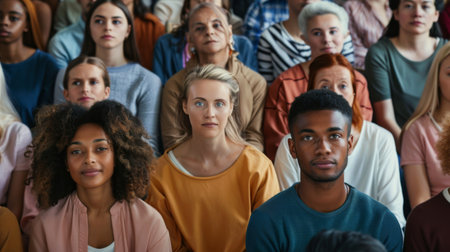 A group of individuals standing facing one another, possibly engaged in a discussion or gathering. The varied expressions on their faces reflect different emotions and intentions as they interact with each other.の素材