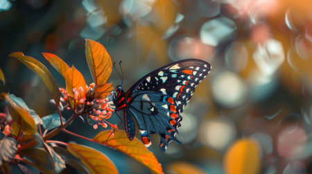 A butterfly is sitting on top of a tree covered with lush green leaves. The vibrant insect contrasts beautifully against the foliage, showcasing its intricate patterns and delicate wings.の素材
