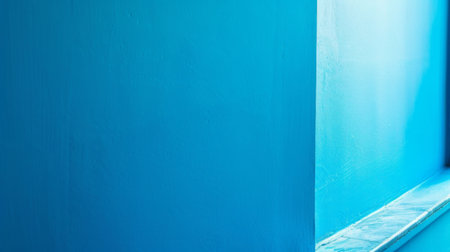 A blue wall with a single window cut into it. The window is rectangular and has a white frame. The wall appears to be made of concrete or painted brick.の素材