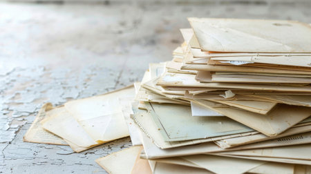 A stack of various papers is placed haphazardly on a sturdy wooden table. The papers appear to be of different sizes and colors, creating a disorganized yet functional arrangement on the tables surface.の素材