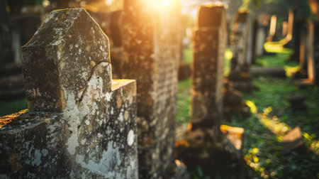 A close-up view of a cemetery with the sun shining through the headstones, illuminating the graveyard in a warm glow. The light creates dramatic shadows and highlights the weathered details of the tombstones.の素材