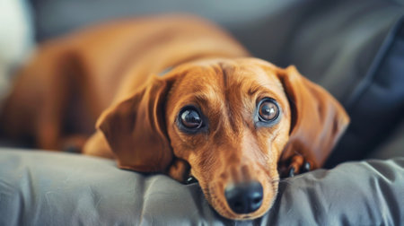 A brown dog is comfortably lying down on top of a brown couch, looking relaxed and content in a home setting.の素材