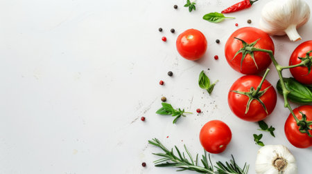 Ripe tomatoes, cloves of garlic, and a variety of herbs are neatly arranged on a clean white surface. The vibrant colors of the tomatoes contrast against the green herbs and white background.の素材