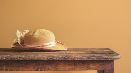 A hat is placed on top of a wooden table. The table is made of dark, sturdy wood with visible grains. The hat is a classic design, possibly made of felt or straw. The setting appears indoors, with neutral lighting.の素材