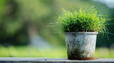 A potted plant is situated atop a sturdy cement wall, adding a touch of greenery to the urban environment. The plant appears well-cared for, thriving in its elevated location against the concrete backdrop.の素材