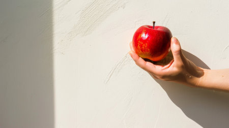 A persons hand is holding a ripe red apple firmly against a plain white wall. The hand appears to be steady, showcasing the contrast between the vibrant fruit and the stark background.の素材