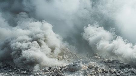 A large amount of smoke is billowing out of the ground, creating a dense and ominous cloud that covers the area. The smoke is rising rapidly, indicating a significant event or source of the smoke.の素材
