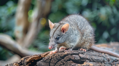 A small rat perched on the edge of a tree stump, looking around its surroundings with curiosity. The rats fur is a dark shade, contrasting against the weathered wood of the stump.の素材