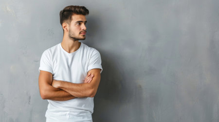 A man stands with his arms crossed, leaning against a plain wall. He appears focused and contemplative.の素材