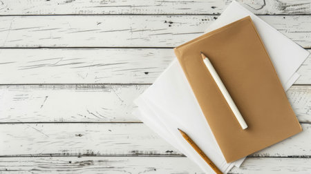 A notebook, pen, and paper lay neatly arranged on a white wooden table. The pen is positioned next to the notebook, ready for writing, while the blank paper offers a clean surface for notes or sketches.の素材