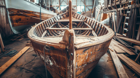 A wooden boat is positioned among a collection of other boats in a warehouse setting. The boat appears to be stored or awaiting maintenance, surrounded by various vessels in a storage facility.の素材