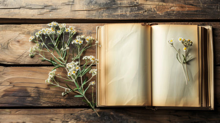 An open book lies on a surface with a colorful bunch of flowers placed on top of it. The books pages are visible, and the flowers add a vibrant touch to the scene.の素材