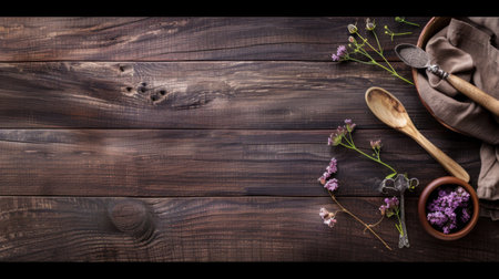 A wooden table is adorned with vibrant purple flowers in a simple display next to a wooden spoon. The contrast of the purple blooms against the brown wood creates a visually appealing arrangement.の素材